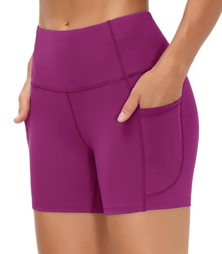 Image of THE GYM PEOPLE High Waist Yoga Shorts for Women's Tummy Control Fitness Athletic Workout Running Shorts with Deep Pockets