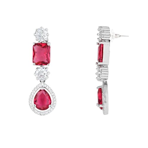 Image of I Jewels Silver Plated Cubic Zirconia American Diamond Valentines Special Necklace & Drop Earrings Jewellery Set for Women