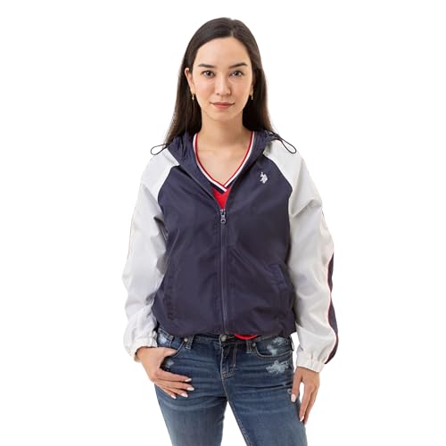 U.S. Polo Assn. Women's Hooded Raglan Sleeve Varsity Windbreaker W/Piping Poly Mesh Lining