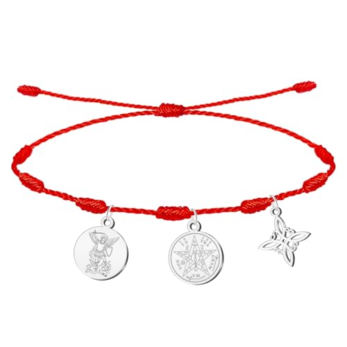 cotigo- Pulsera Nudo Rojo Ajustable de Protección y Suerte con Tetragramaton, Nudo de Bruja y San Miguel Arcángel – Acero Inoxidable – Amuleto Espiritual Unisex (San Miguel Arcángel Plateado)
