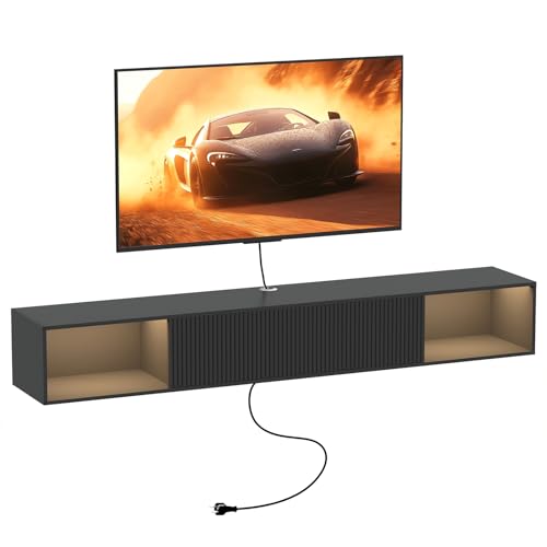Katrawu 55' Floating TV Stand with LED Light, Floating TV Stand Wall Mounted, Floating Entertainment Center with Storage Long for Bedroom, Wood Floating TV Shelf for Living Room (Black)