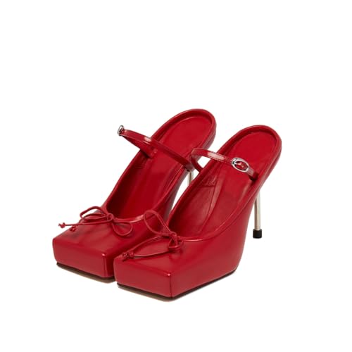 Vertundy Women's Bows High Heeled Mules Square Closed Toe Strap Buckle Pumps Stiletto Ballet Heel Sandals Leather Fashion Shoes