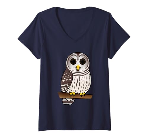Women's Cute Barred Owl Cartoon Bird of Prey V-Neck T-Shirt