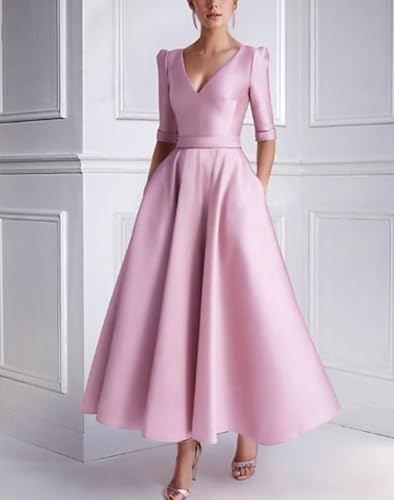 Satin V Neck Mother of The Bride Dresses for Wedding Half Sleeve A-line Long Wedding Guest Dresses for Women3