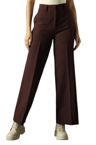 Image of High Star Women High Rise Solid Regular Length Wide Leg Casual Trousers