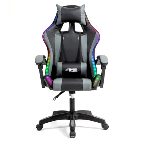 Chaise Gamer#02-Grey-LED - Coloris Noir & Gris - LED RGB 358 Effets - Télécomande - Coussins Lombaire & appuie-tête – Image 6