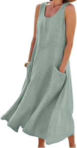 Image of Apvirdy Linen Dress for Women Summer Sleeveless Solid Casual Baggy Flowy Maxi Dresses with Pockets