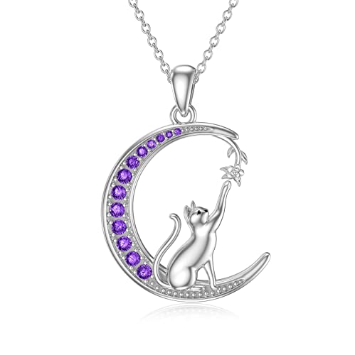Proess Cat Necklace Sterling Silver Cat With Girl Necklace Crystal Cat Jewelry Cat Gift For Women Girls And Cat Lovers (Purple Cat) #TOP25