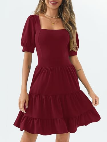 Image of Women's Square Neck A-Line Summer Dress Puff Sleeve Flared Swing High Waist Smocked Flowy Midi Casual Dress for Office /Party Burgundy