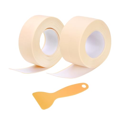 Image of uxcell 2 Rolls Caulk Tape, 1.5 inch x 10.5Ft & 0.9 inch x 10.5Ft PVC Waterproof Self-Adhesive Sealing Tape for Kitchen Bathroom Toilet Sink Floor Corner Edge with Sealing Tool, Beige