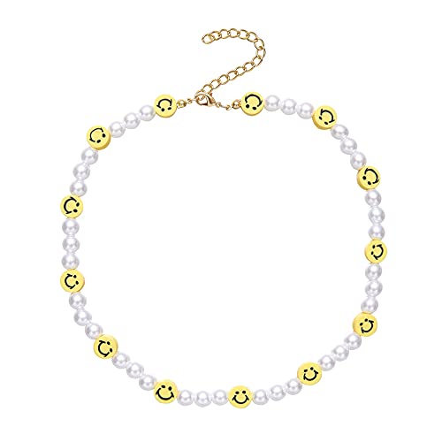 Smiley Face Pearl Choker Necklace Cute Flower Pearl Necklace Love Fruit Animal Dessert Hademade Y2K Necklace Preppy Jewelry for Teen Girls Women (F)