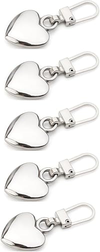 5Pcs Heart-Shaped Zipper Pulls Replacement Kit, Metal Charms with Carabiner Clips for Backpacks, Luggage, Jackets and Coats (Silver)