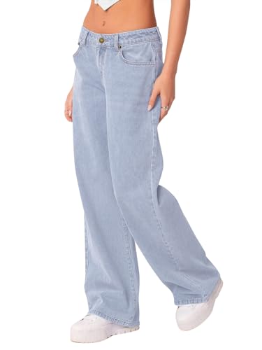 NIMIN Womens Vintage Baggy Mid Rise Washed Jeans Loose Straight Wide Leg Y2K High Waisted Denim Pants with Pockets Bleached Blue Medium4