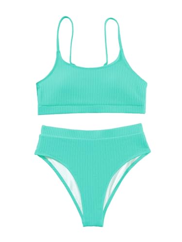 Image of Lilosy High Waisted Tummy Control Ribbed Bikini Crop Top Brazilian Swimsuit Set 2 Piece