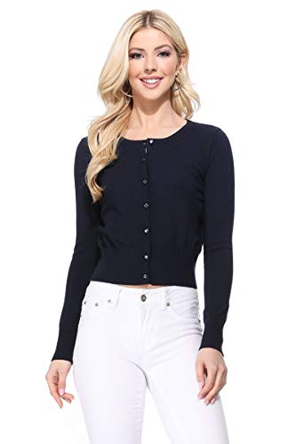 Image of Women's Cropped Cardigan Sweater - Long Sleeve Crewneck Basic Classic Casual Button Down Knit Soft Lightweight Top