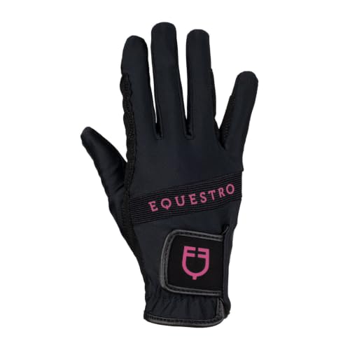 Equestro Guanti in Tessuto Tecnico con Logo Multicolor 7.5, Nero-Fucsia
