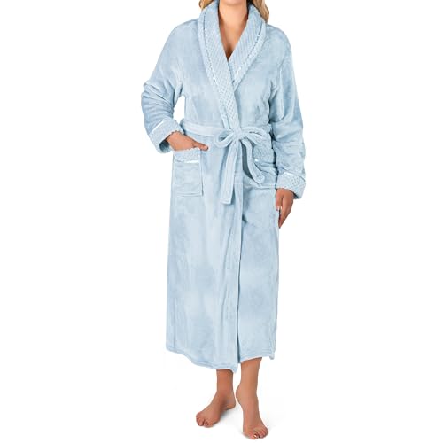 PAVILIA Soft Plush Women Fleece Robe, Light Blue Cozy Bathrobe, Female Long Spa Robe, Warm...