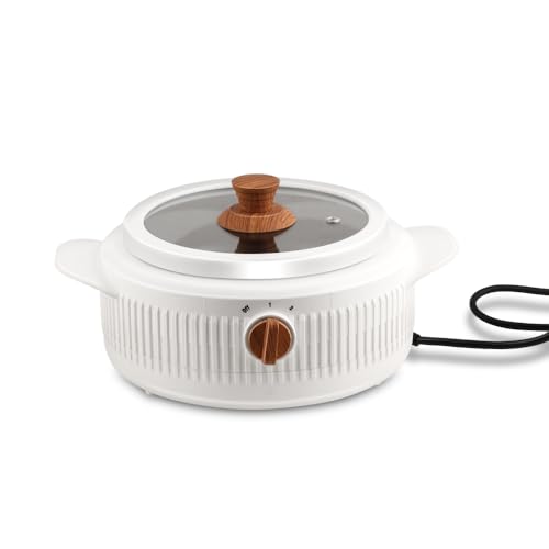 Image of Jaypee Plus Electric CookSmart Casserole with Teflon NonStick Coating Bowl for Reheating & Cooking, Serving Casserole Wooden Finish Lid & Regulator Knob Toughened Glass Lid, 2000 ml, White