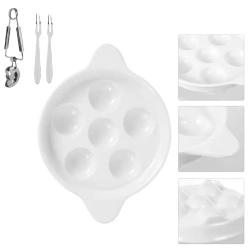 4pcs/Set Escargot Dish Assiette Escargot Oyster Plate Oven Safe Plate Escargot Plate 6 Holes Ceramics Escargot Baking Dish Snail Plates 1x Snail Dlip 2X Snail Fork White
