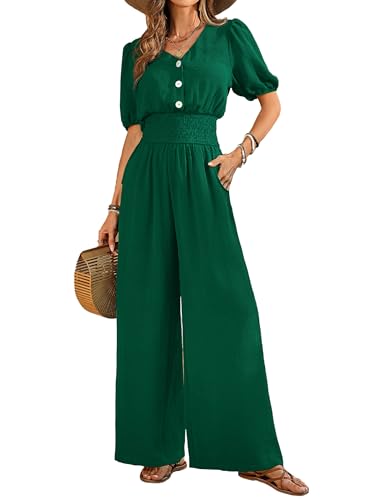 LOOKBOHO Women's Jumpsuits Dressy Short Sleeve Smocked High Waist V Neck Wide Leg Long Rompers One Piece Outfits Dark Green XL