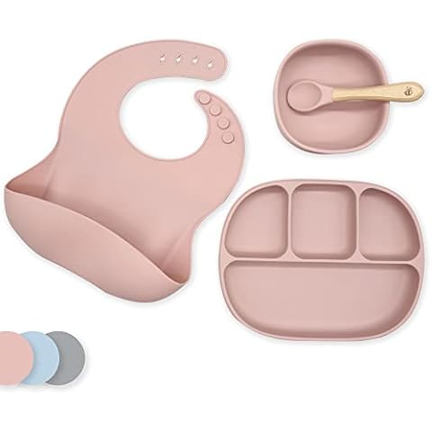Baby Weaning Set | Toddler Feeding Set | Baby Plate, Bowl, Spoon, Bib | Silicone and Wood Materials (Rose Pink) Cover