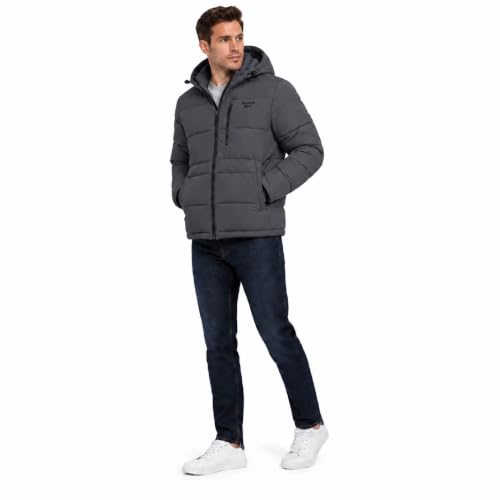 Image of Reebok Mens Quilted Puffer Jacket, Weather Resistant Hooded Winter Coat