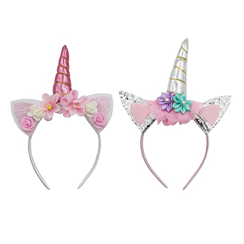 Pangmao Lot de 2 bandeaux licorne en corne avec oreilles roses pour déguisement, fête, anniversaire, cosplay, festivals Cover