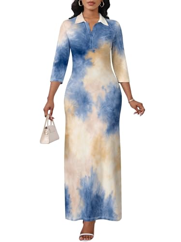 Image of PinkPatty Women's Casual 3 /4 Sleeve Polo V Neck Bodycon Maxi Dress | Semi formal, modest style, long fitted, versatile for church, work, business, office and daily wear