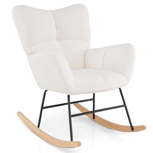 Giantex Rocking Chair Nursery, Teddy Upholstered Glider Rocker Chair w/High Backrest, Armrests & Rubber Wood Feet, Modern Sherpa Rocking Accent Chair for Living Room, Bedroom & Office, Beige