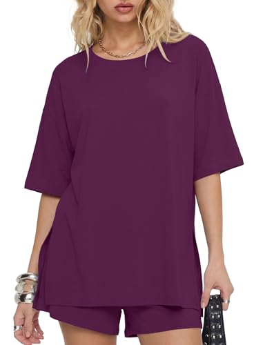 Image of Darong Women's 2 Piece Shorts Set Loungewear | oversized tshirts,crew neck top,drawstring shorts,elastic waist, side pockets,summer travel outfits