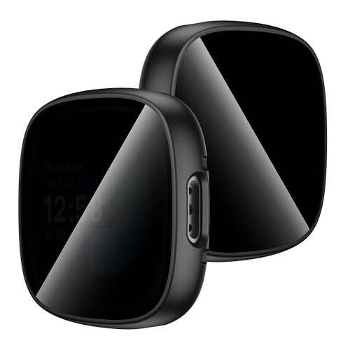 Diruite 2 Pieces Privacy Screen Protector for Fitbit Versa 4/Sense 2 Tempered Glass Case HD Anti-Spy Tempered Glass Hard PC Protection Cover Black
