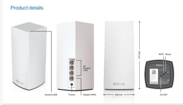 Diagram showing the dimensions and port layout of a Linksys Velop node, including System LED, Power port, 3x Gigabit LAN ports, Gigabit WAN port, and On/Off switch with WPS/Reset button.