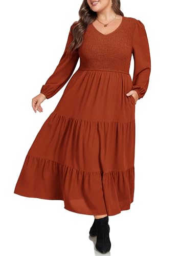 Image of Hanna Nikole Plus Size Fall Dress for Curvy Women Long Sleeve V Neck Pockets Casual Maxi Smocked Flowy Tiered Red Dress 2X