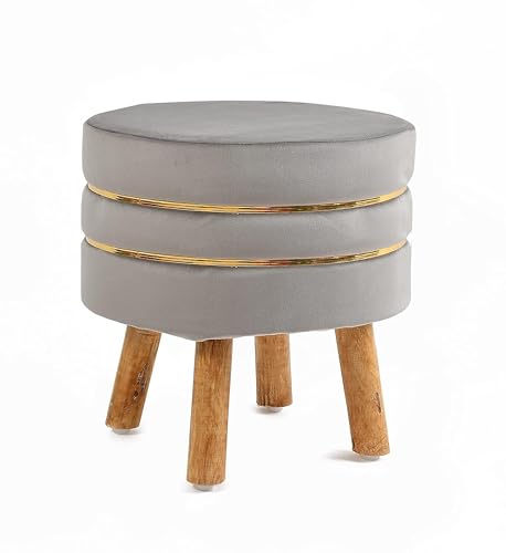 Image of Living Room Round Wooden Velvet Ottoman with Footrest and Linen Fabric Padded Seat Pouffe Ottoman with Round Shape and Office Stool- Grey