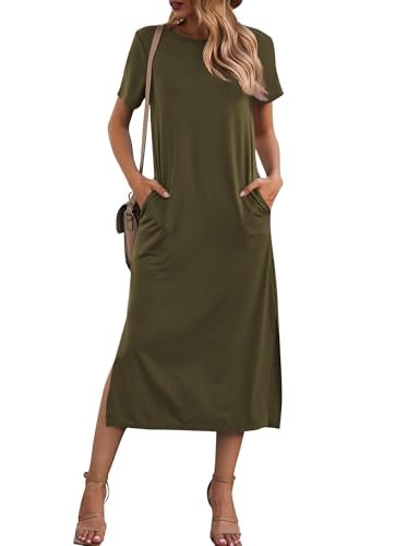 Image of Naggoo Summer Dresses for Women Short Sleeve Side Slit Long T Shirt Dress Beach Sundress Travel Vacation Outfits with Pockets