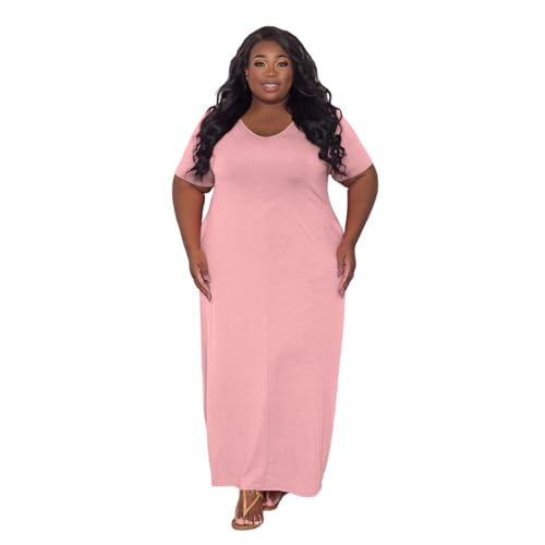 Image of TOPSRANI Womens Plus Size Maxi Dresses for Women Oversize Casual Short Sleeve V Neck Loose Plain Solid Trendy Summer Dress
