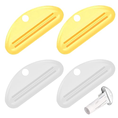 Ryaupy 4 Pack Badezimmer Zahnpastatube Quetsch Spender, Tubenpresse für Zahnpasta, Tubenausdrücker, Zahnpasta Squeezer, Zahnpastaclips (Weiß, Gelb)