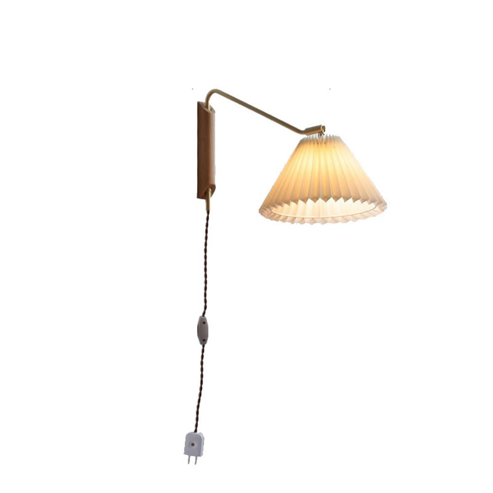 Wooden Pleated Wall Lamp Brass Rotating Fabric Wall Sconce Bedroom Bedside Socket Type Self-switching Wall Mounted Lights Healthy Eye Care Bracket Light Study Wiring-free Swing Arm Lamps And Lanterns