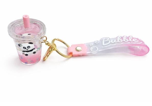Panda Bubble Glass Tea Cup Keychain with Colorful Wrist Strap, Miniature Drink Charm Accessory pack of 1