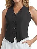 Foucome Women's Waistcoat V Neck Button Down Dressy Vest Top Fully Lined Slim Fit Sleeveless Suit Vest, Black Medium