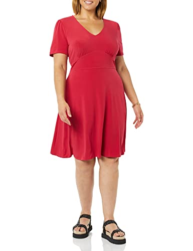 Amazon Essentials Women's Short Sleeve V-Neck Gathered Fit and Flare Dress, Raspberry Red, Medium