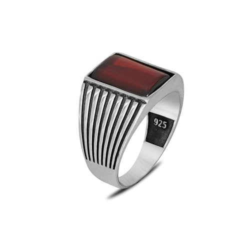 Men's Sterling Silver Rectangular Gemstone Ring – Vertical Ribbed Band Design, 925 Solid Silver Statement Jewelry