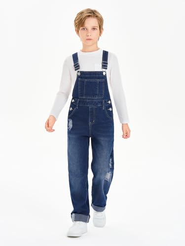 Haloumoning Boys Denim Bib Overalls with Adjustable Straps and Convenient Tool Pockets 5-14 Years
