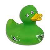 Football Goal Badeente - Fußball-Quietscheente - grün mit Fußbällen und Goal!-Logo - 10 x 10 cm