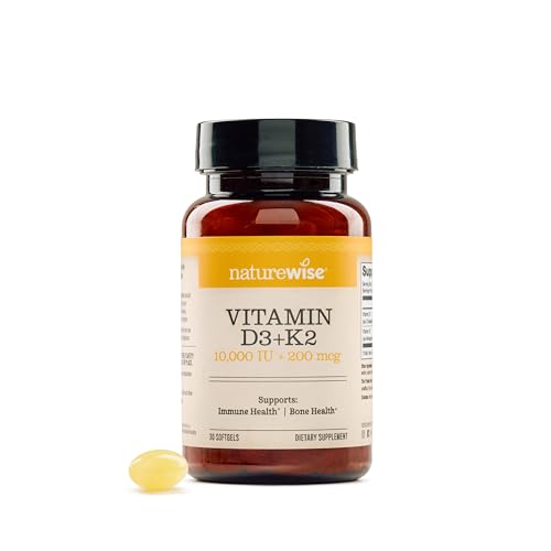 NatureWise Vitamin D3 10 000 IU Plus K2 (MK-7) 200 mcg with Organic Extra Virgin Coconut Oil - Supports Calcium Absorption Bone Heart & Immune Health - Non-GMO Soy & Gluten-Free - 30 Softgels