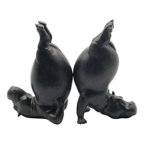 Lukitas Upside Down Hippo Decorative Bookends - Non-Slip Book Holders, Whimsical Animal Ornaments for Office Home Bookshelf Decor, Black, Resin 8.5''