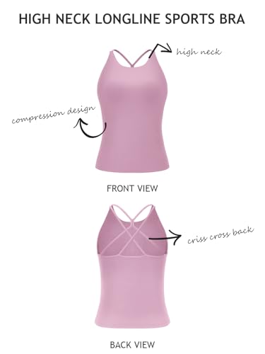 Image of LASLULU Womens High Neck Workout Tank Tops with Built in Bra Strappy Back | Low to Medium Impact,Longline Halter Neck Sports Bra,Fitted Compression,Padded Athletic Yoga Running Gym Pilates Tank Tops