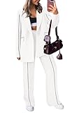 PRETTYGARDEN Women's Fall Spring 2 Piece Blazer Outfits Business Casual Oversized Jacket Wide Leg Work Pants Dressy Suit Set (White,Large)