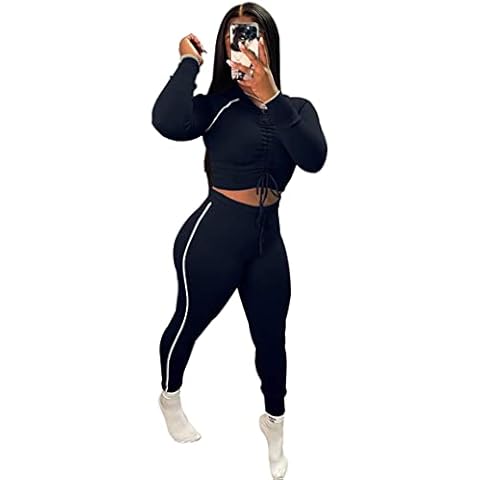 Women's 2 Piece Outfit Sweatsuit Ruched Drawstring Crop Top Skinny Pants Sets Long Sleeve Tracksuit Jumpsuits, Black, Large Cover