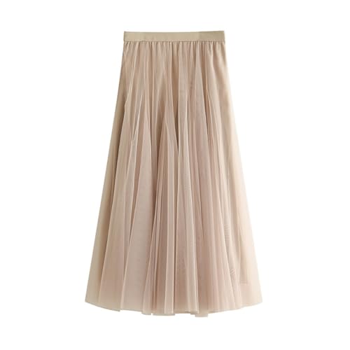 Women’s Tulle Midi Long Skirts, Elastic High Waist Pleated Mesh Flowy A-Line Long Tutu Fairy Skirt